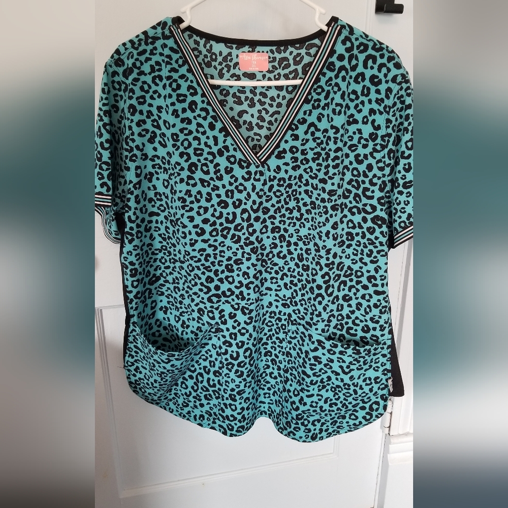 Ava Theresa scrub top - turquoise and black leopard print 2XL